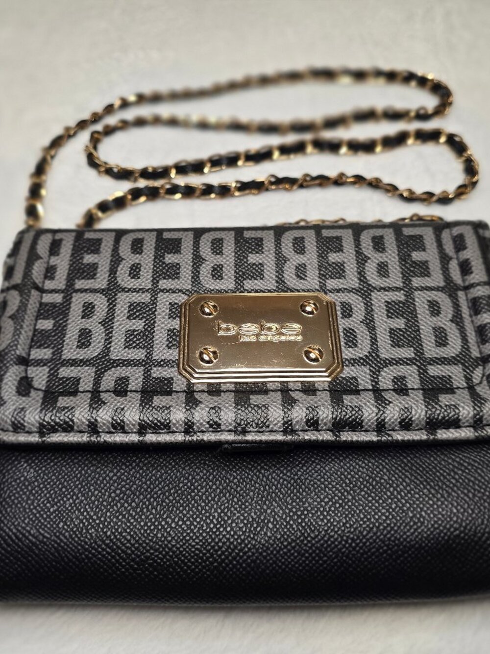 bebe Monogram Logo Wallet on Chain Crossbody Bag Saffiano Black Gold Chain WOC